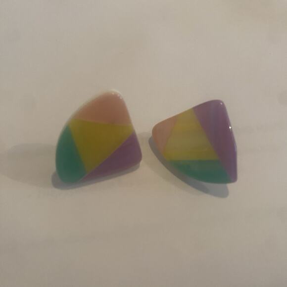 Vintage Pastel Geometric Pierced Earrings Triangle Yellow Purple Green Pink - Picture 1 of 4